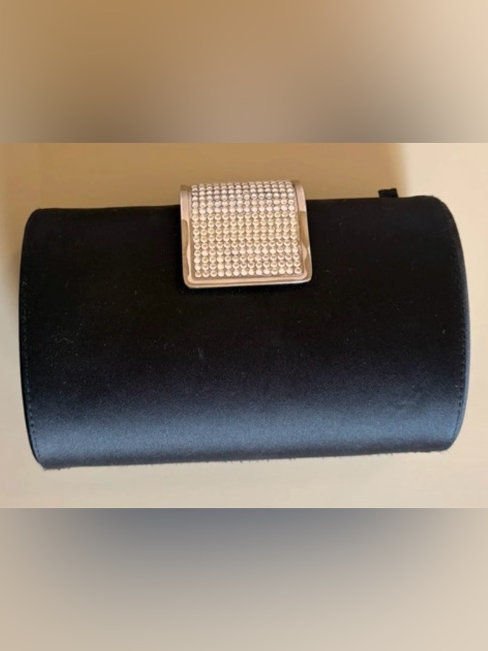 Nordstrom Black Satin Rhinestone Clutch Evening Bag Silver Chain Y2K
